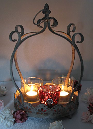 Teelichthalter, Gartenlaterne, Windlicht, Tablett „Krone“, Metall im Antik-Look, mit 3 Teelichthaltern. Höhe 36 cm, zum Stellen & Hängen - 6