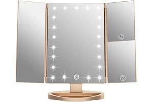 WEILY Lusterko do makijażu z powiększeniem 1x, 2x i 3x, z 21 diodami LED i ekranem dotykowym, regulowane podświetlane trzypanelowe lustro na toaletkę, nablatowe lusterko kosmetyczne (złote)