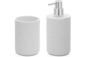 Inbagno Set Accessori Bagno 2 Pezzi Effetto Pietra Bianco, Dispenser e portaspazzolini, in Resina (Set 2)