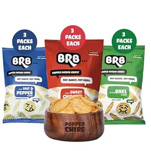 BRB Popped Potato Chips | Not Baked, Not Fried | 9 Packs X 52 Grams | 3 Flavours - Bhel (3), Sweet Chipotle (3), Salt & Pepper (3) | 60% Less Fat | Low Calorie | Healthy Snack