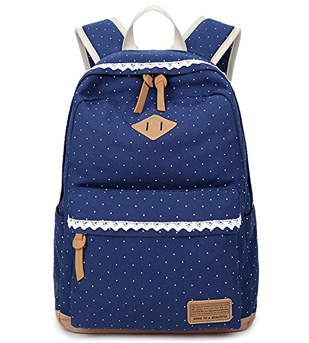 Preisvergleich Produktbild 5 ALL Fashion Mädchen Schulrucksack Damen Canvas Rucksack Teenager Baumwollstoff Schultasche Outdoor Freizeit Daypacks mit Schicker Lace QXT-6066 (Dunkel Blau)