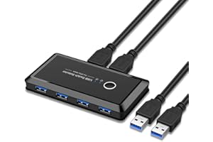 VABOO USB 3.0 Switch 4 Puertos, USB KVM Conmutador 2 Entradas y 4 Salidas,Ladron USB KVM con 2 Cable USB para Compartir Dispositivo USB como Teclado, Ratón, Memorias USB,Disco Duro, Impresora,etc.