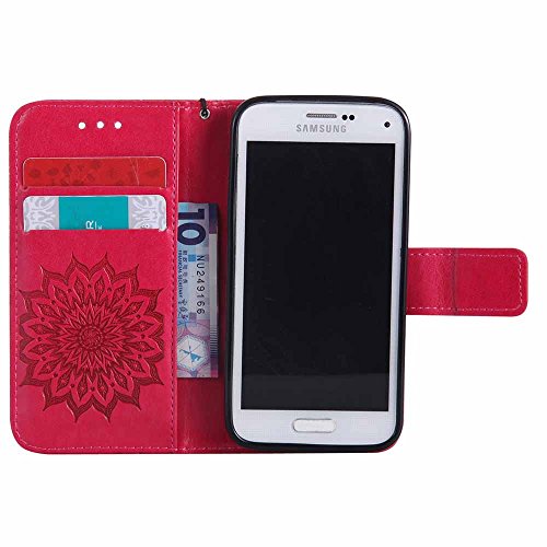 Galaxy S5 Mini Hülle, Dfly Premium Slim PU Leder Mandala Blume prägung Muster Flip Hülle Bookstyle Stand Slot Schutzhülle Tasche Wallet Case für Samsung Galaxy S5 Mini, Rot - 4