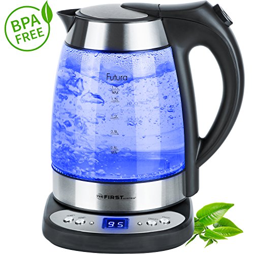 Glas Wasserkocher 1,7 Liter BPA Frei/ Temperatureinstellung 50-100 Grad / 2 Stunden Warmhaltefunktion /Kabellos mit Kalkfilter und verdecktes Heizelement / blaue LED Beleuchtung / Temperaturanzeige / LED Display