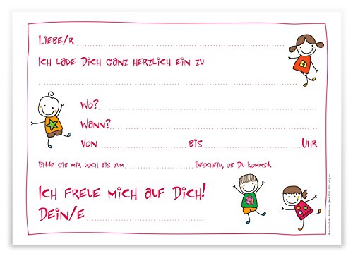 12 lustige Einladungskarten Kindergeburtstag schön illustriert fröhliche tanzende Kinder Strichmännchen Geburtstagseinladungen Einladungen Geburtstag Jungen Mädchen Einladungstext Vorlagen Karten Set - 2