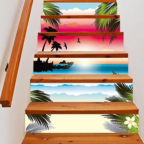 HHYS LT0046 DIY Stairs Stickers Self Adhesive Waterproof Pink Green Seaside Coconut Tree Landscape Painting