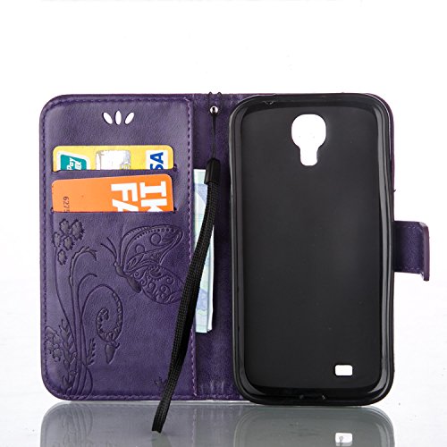 Galaxy S4 Hülle,Galaxy S4 Case,Galaxy S4 Leder Wallet Tasche Brieftasche Schutzhülle,ikasus® Prägung Schmetterling Blumen Muster PU Lederhülle Flip Hülle im Bookstyle Cover Schale Stand Ständer Etui Karten Slot Schutzhülle Grau Tasche Wallet Case für Samsung Galaxy S4 i9500 – Groß Schmetterling:Lila - 3