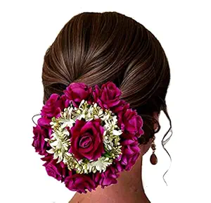 Hair Flare Women Attractive Artificial Rounded Rose Flower With Lily Wedding Hair Accessories/Hair Pins/Juda Pins for Women and Girls- 2295, Dark Pink