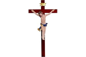 Kaltner Präsente Idea regalo – Crocifisso da parete in vero legno con figura di Gesù Cristo in pietra artificiale dipinta a mano/croce in mogano tinto (altezza 35 cm)