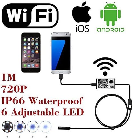 WiFi Wireless Digital Endoscope Borescope Snake Inspection Camera System for iphone iOS ipad Samsung Android Smartphone ,6 led light,9mm,2 Megapixels,720P HD IP66 Waterproof by AttoPro- 1M