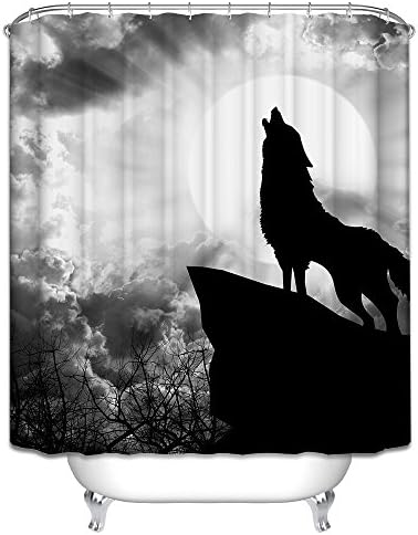 Black And White Wolf Decor Polyester Fabric Waterproof Bathroom Shower Curtain , 200*180cm