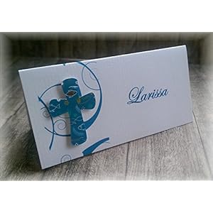Tischkarte Namenskarte Kommunion Konfirmation Firmung Taufe Kreuz christliche Symbole petrol dunkel türkis