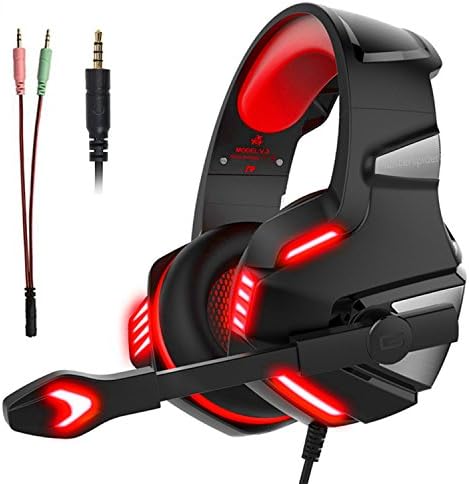 Gaming Headset Micolindun Headphone Gamer Microphone Lightweight Comfortable Adjustable Mic LED for PS4, PC, Laptop, Tablet, Phone, MAC with 3.5mm Over-Ear Bass Stereo Surround Sound Volume Control (Adapter Include)