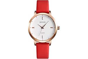 SKMEI Montre à quartz analogique pour femme avec bracelet en cuir noir - Simple - Légère - Minimaliste - Étanche - Style décontracté - Montre à quartz analogique - Cadeau pour jeune fille