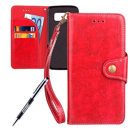 Galaxy S7 Case, Galaxy S7 Cover, JAWSEU [Shock-Absorption] Luxury Solid Retro Premium PU Leather Flip Cover for Samsung Galaxy S7 Protector Skin with Soft Silicone Case Credit ID Card Slots Magnetic Closure Kickstand Strap Phone Pouch Smartphone Shell Protective Wallet Case for Samsung Galaxy S7 G930 + Stylus Pen - Red