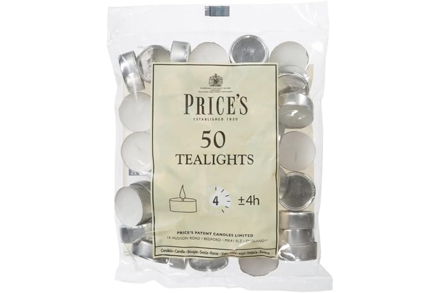 Prices Patent Candles White Tealights Bag, Pack of 50, Wax, l x 3.8cm w x 1.8cm h, Unscented