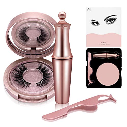Delineador de ojos magnético con kit de pestañas magnéticas, líquido de secado rápido y resistente al agua, 4 ml, pestañas postizas magnéticas reutilizables 3D con pinzas de pestañas (oro rosa)