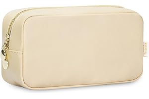 WANDERING NATURE Neceser Maquillaje Mujer Portátil Pequeño Bolsa de Cosméticos con Bolsillos Incorporado Bolsa de Cuero Vegano para Hogar Vacaciones Viaje, Beige Patente Pendiente