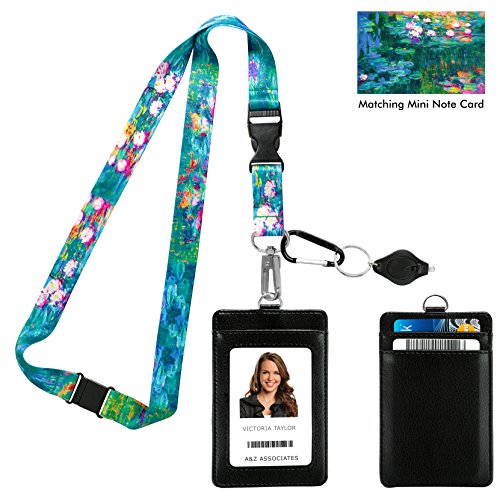 Claude Monet Water Lilies Correa para el cuello del acollador con cartera de ID de cuero de la PU Monedero con 3 bolsillos para tarjetas, clip de seguridad para la separación Llavero linterna.