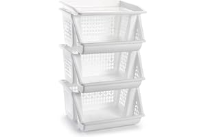 Acan Tradineur - Pack de cestas verdulera de plástico con 3 Niveles - Modelo PLFT - Cestas apilables portaobjetos, Frutas, Verduras, Cocina, baño - 57 x 36 x 29 cm - Color Blanco (Plus)