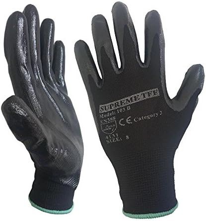 12 Pairs Black Nitrile Coated Nylon Safety Work Garden Gloves Builders Mens Gardening (Medium)