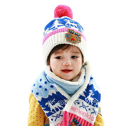 Wawoo®Baby Boys/Girls Winter Beanie Cap Childrens Warm Wool Knitting Hem Lined Fur Pom Pom Hat+ Scarf+ Mittens 3 in 1 Set for Kids 8-12M/1-2T/2-4T/4-8T