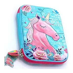 Mistazzo Unicorn Pencil Case,Unicorn Embossed Hardtop Pencil Case - Kids Large Pen Holder Box with Multi- Compartment - Girls Cosmetic Pouch Bag Stationery Organizer Material: EVA , Colour: Blue (Style 2)