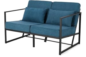 ‎MINGONE Mingone 2 Sitzer Sofa Klein Couch Gepolsterter Sofa mit Leinen Retro mit Armlehnen Metall für Wohnzimmer Empfang Café, 114 x 72 x 72cm Blau