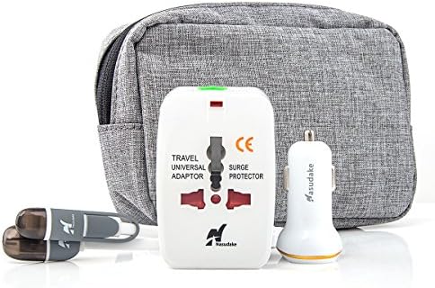 Nasudake Travel Adapter, Universal AC Power Adapter with UK/US/AU/EU/JP Plugs for Business Travel, including a Car Charger, 2-In-1 Lightning Cable, Waterproof Carrying Case …