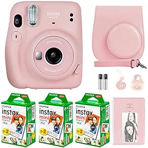 Fujifilm Instax Mini 11 Camera with Fujifilm Instant Mini Film (60 Sheets) Bundle with Deals Number One Accessories Including Carrying Case, Selfie Lens, Photo Album, Stickers (Blush Pink)