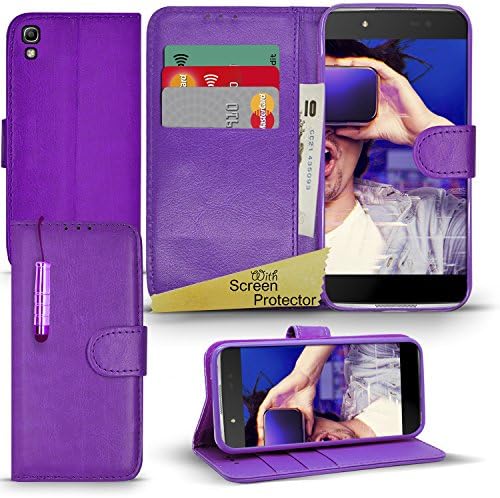 Alcatel Idol 4 - Premium Wallet Leather Case Book Cover Flip Stand + Cloth + Stylus + Screen Protector [Inside Gel Case] (Alcatel Idol 4, Purple)