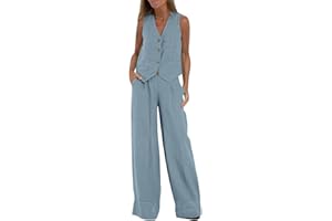 SUYUKU Conjunto Casual de 2 Piezas de Lino y algodón para Mujer, Chaleco Suelto sin Mangas, Pantalones de Pierna Ancha, cómodos Trajes de Verano, Blazer de Negocios, Ropa de Descanso