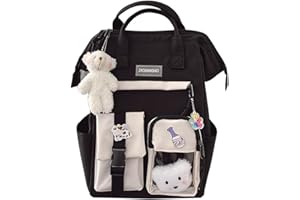 LYEAA Kawaii Rucksack mit Pins & Plüsch Tier Anhänger, Frauen Mädchen Preppy Stil PVC Patchwork Klar Rucksack Schultasche Große Kapazität Rucksack Handtaschen