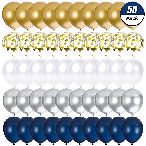 50 PCS Party Balloons - Ballons à confettis en or Ballons métalliques argentés et dorés Bleu marine et blanc perle Ballons en latex pour la décoration de fête d'anniversaire Baby Shower