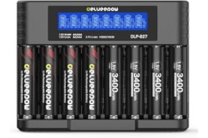 Delyeepow Akumulatory AA do ponownego ładowania z ładowarką, 3400 mWh 1,5 V baterie litowe AA, ładowarka z wyświetlaczem LCD, 8 gniazd, szybkie ładowanie przez USB, 1500 cykli