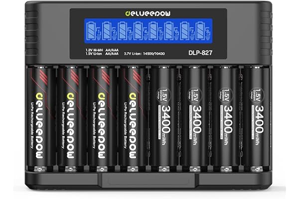 Delyeepow Pile Rechargeable AA Lithium 1,5 V 3400mWh Haute capacité, Pile AA Rechargeable avec Chargeur Lot de 8 1500 Cycles