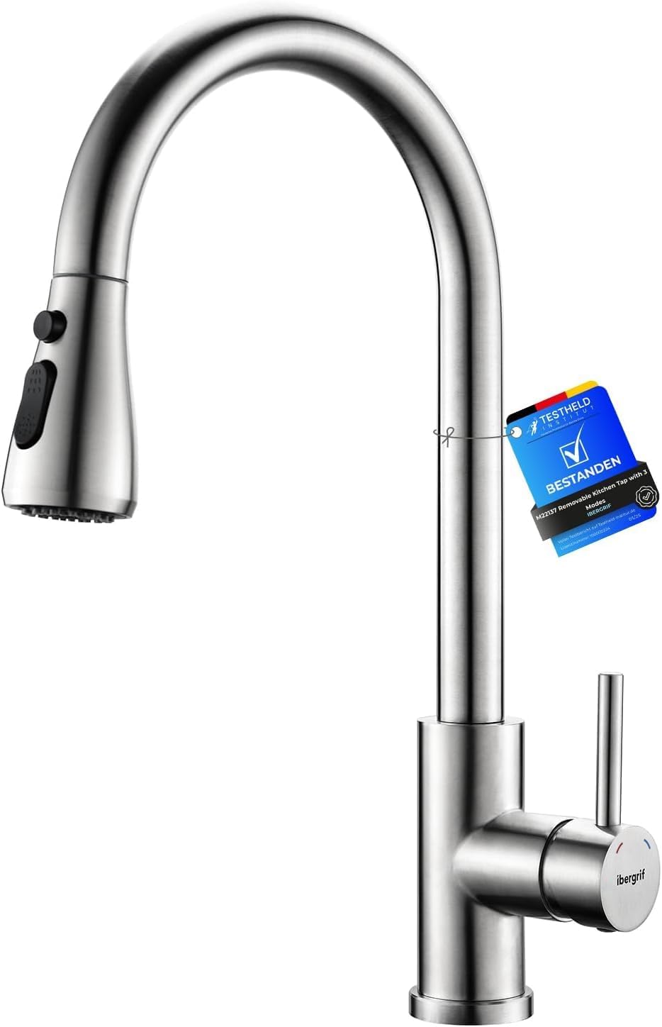 Ibergrif Grifo Cocina Extraíble, Grifo Cocina Fregadero 360° Giratorio, 3 Modos de Agua, Acero Inoxidable 304, Ahorro Energético 30%, Instalación Sin Herramientas en 5 Minutos, M22137