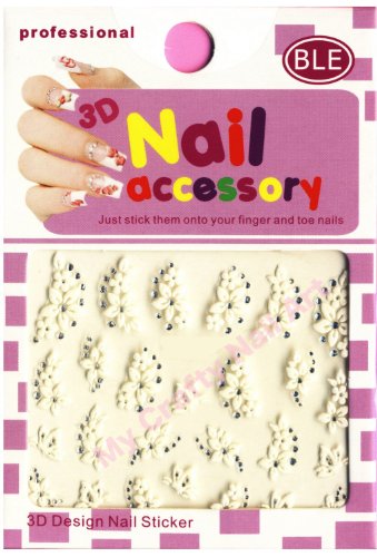 Nailart Sticker Blume Weiß selbstklebend mit silbernem Strass - 3