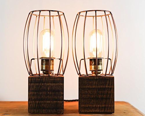 A Pair of Chunky Jacobean Dark Oak Table Lamps with Vintage Bulb and Copper Look Cage