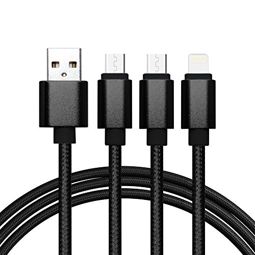 USB Kabel, 3 in 1 Lightning & Micro USB Nylon geflochtenes Ladekabel mit 8 Pin Lightning / Micro USB 2.0 Anschlüsse für iPhone 6 / 6S plus / 5 / SE, iPad Air / mini, Android-Geräte(2 Micro&1 Lightning - Schwarz)