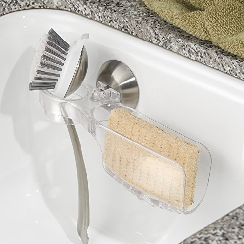 mDesign Spülbecken Caddy mit Saugnapf für Küchenspüle - Spülorganizer zur cleveren Aufbewahrung von Bürste & Topfschwamm - Schwammablage für mehr Ordnung im Spülbecken - Transparent/Gebürstet