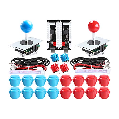 Reyann 2 Giocatori Gioco Arcade Parti fai da te, 2 x Encoder USB Zero Delay + 2 x 8 vie Joystick + 20 x pulsanti Supporta tutti i sistemi Windows e Raspberry Pi, Colore: rosso e blu