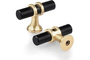 GUWINA Lot de 10 Boutons de Tiroir Monotrou en T, Moderne Poignée T Armoire Porte Alliage de Zinc Unique Trou Boutons pour Cuisine Meuble Armoire Placard Chambre Vis Inclus, Noir Avec Base Dorée