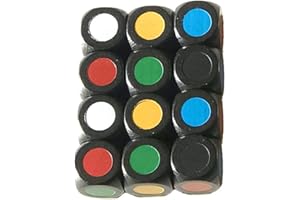 SPIELTZ Dadi di colore/cubo di colore in legno, 16 mm. Made in Germany. (12 cubi, nero + punti di colore, colori base (rosso, giallo, blu, verde, nero, bianco))
