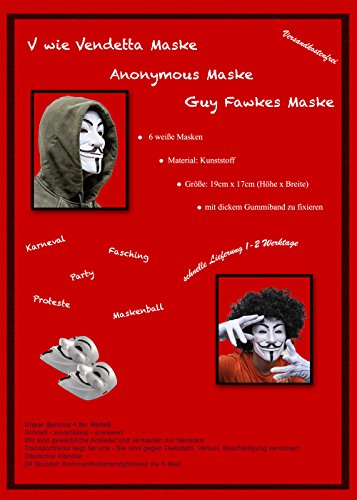 Vendetta Maske 6 Stück Guy Fawkes Anonymous Karneval Fasching Occupy Party - 3