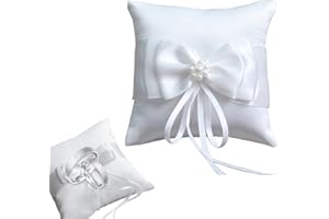 MIRKUZI Ringkissen, Ringkissen Hochzeit, Weiß Ring Bearer Kissen mit Simulation Perle Schöne Bowknot, für Verlobung Oder Eheringe Vintage (10 x10 cm)
