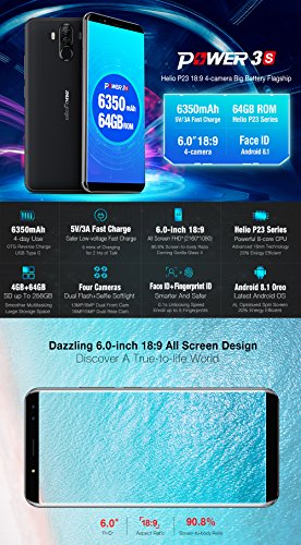 Ulefone Power 3s - FHD 6.0 pollici (rapporto 18: 9) Schermo Corning Gorilla Glass 4 Smartphone Android, Octa Core 2.0 GHz 4 GB + 64 GB, Riconoscimento viso Hi-Fi 4 fotocamera Batteria 6350mAh - Oro