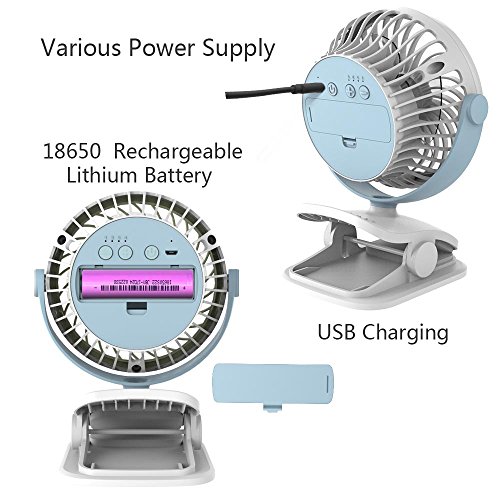 AngLink mini USB Clip Ventilator mit Batteriebetrieben mini Tischventilator Fan | 4 Geschwindigkeitsmodi, Beliebige Rotation | PC, MAC, Notebook optimal für den Schreibtisch, Kinderwagen, Rollstuhl, Schlafzimmer, Camping (Blau/Weiß) - 5