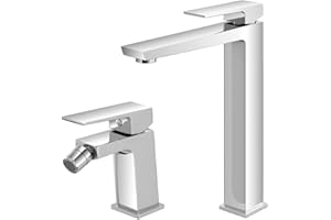 INBAGNO Set Miscelatori Per Lavabo Alto E Bidet In Ottone Cromato Della Linea Kubo, Completo Di Pilette Click Clack E Kit Di Montaggio