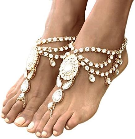 Ingemark 2 PCS Crystal Beach Wedding Foot Jewelry Barefoot Sandals Toe Ring Boho Anklet with Multi Tassel